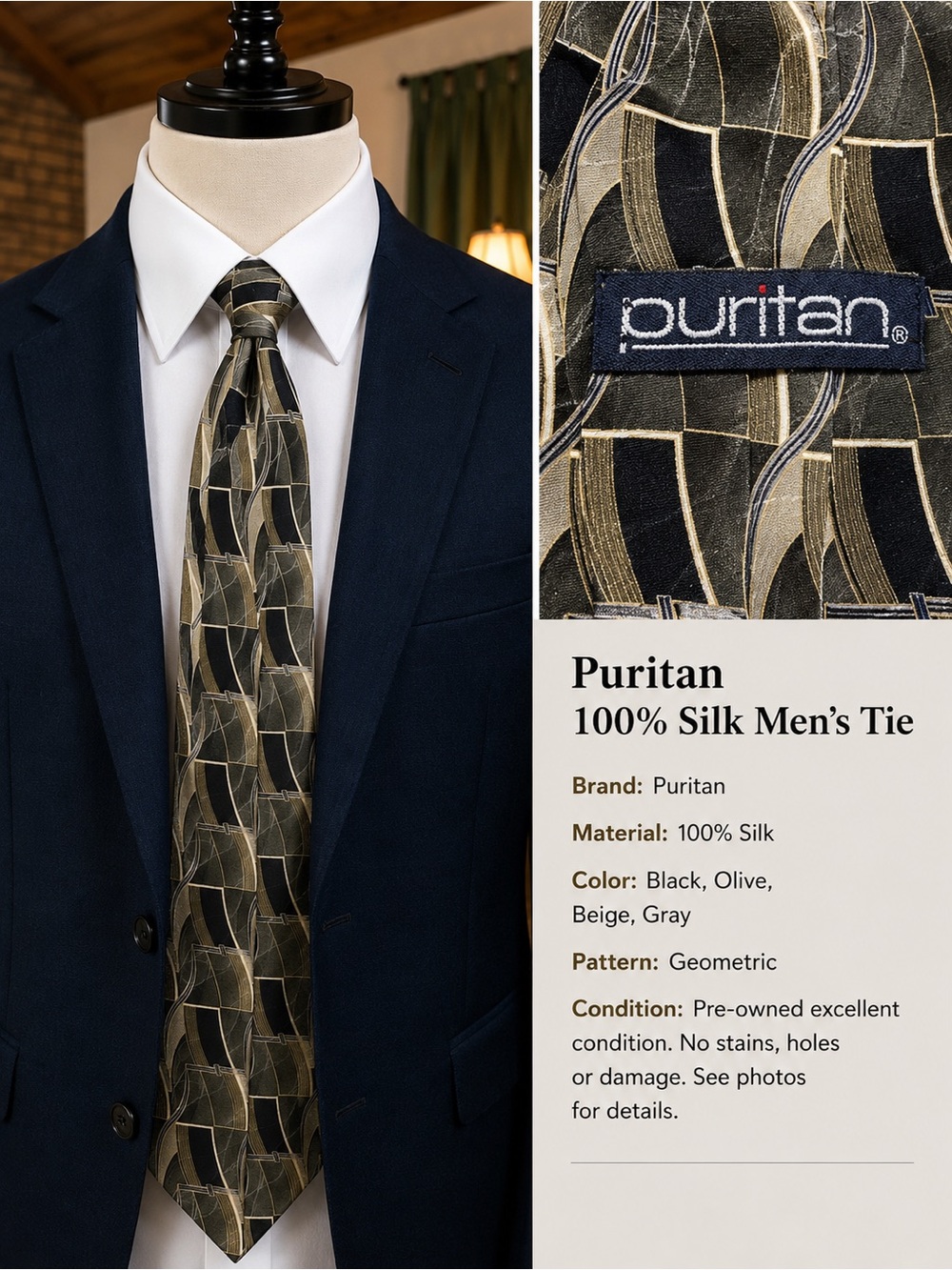 Puritan Black & Olive Geometric Silk Tie